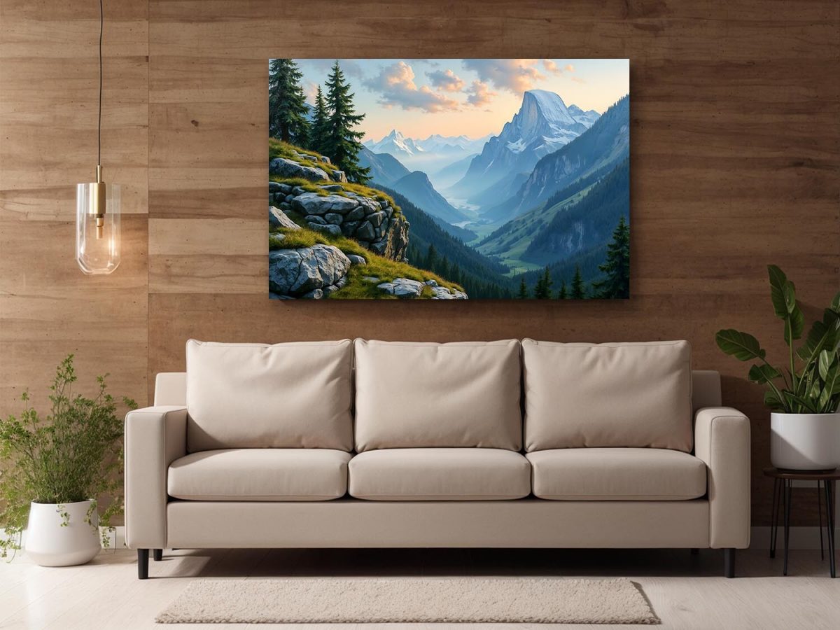 Majestätische Gebirgslandschaft bei Sonnenaufgang, Digital Art, KI Art