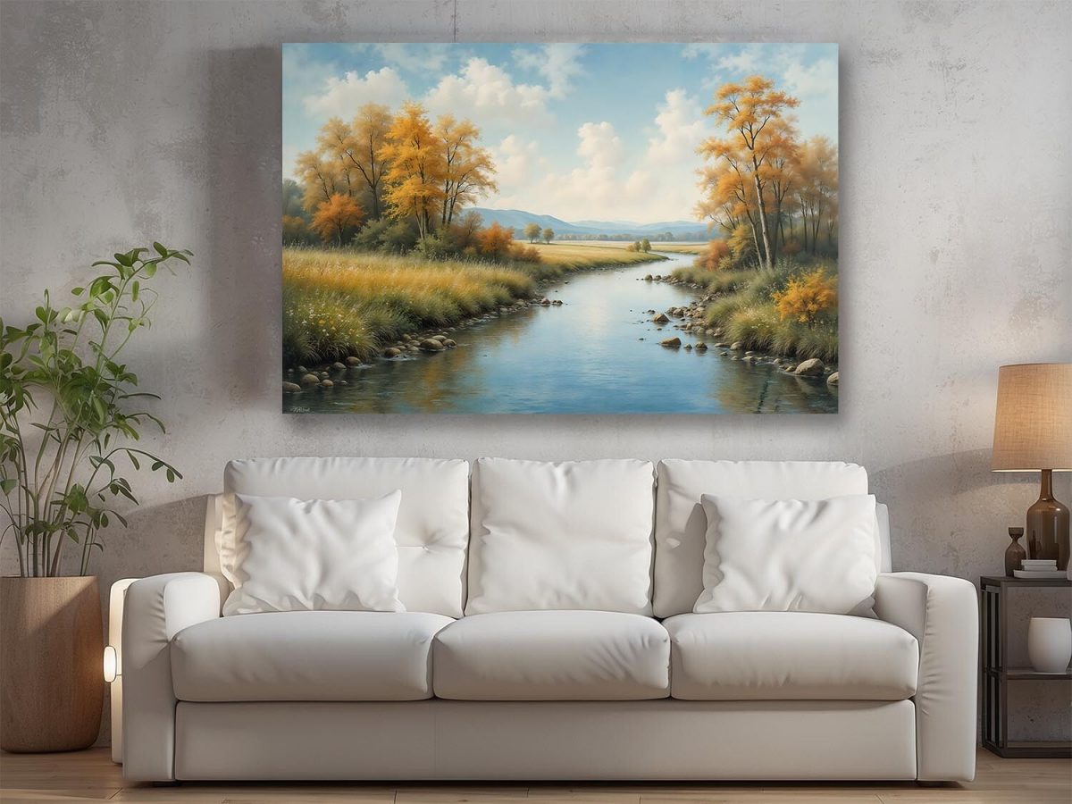 Herbstliche Flusslandschaft mit buntem Laub, Digital Art, KI Art