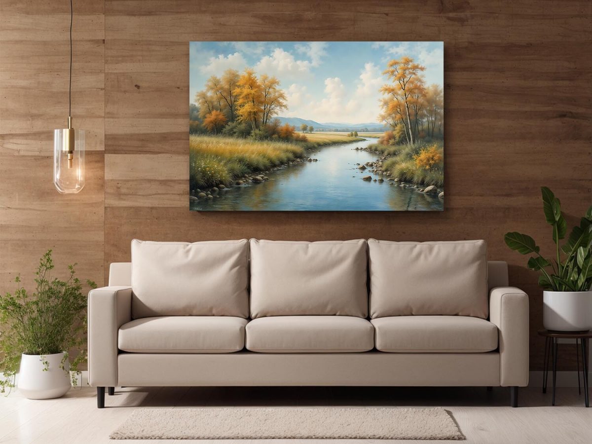 Herbstliche Flusslandschaft mit buntem Laub, Digital Art, KI Art