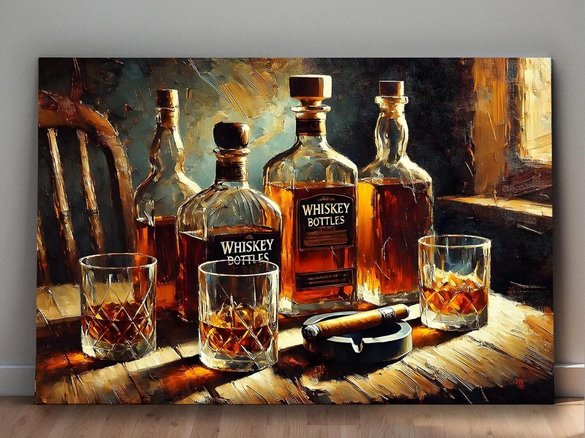 57-120.jpg Whiskyflaschen und Gläser mit Zigarrre , Digital Art, KI