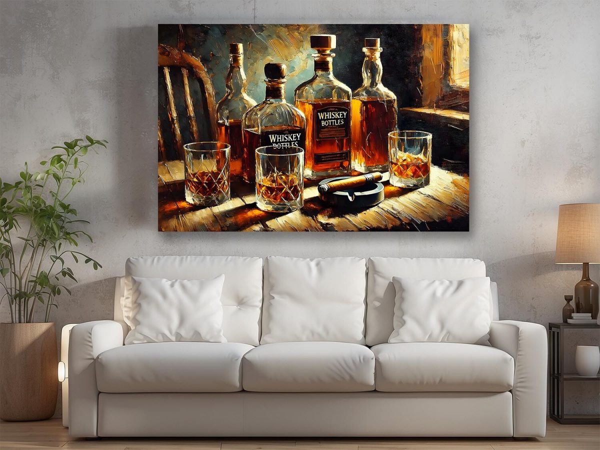 57-121.jpg Whiskyflaschen und Gläser mit Zigarrre , Digital Art, KI