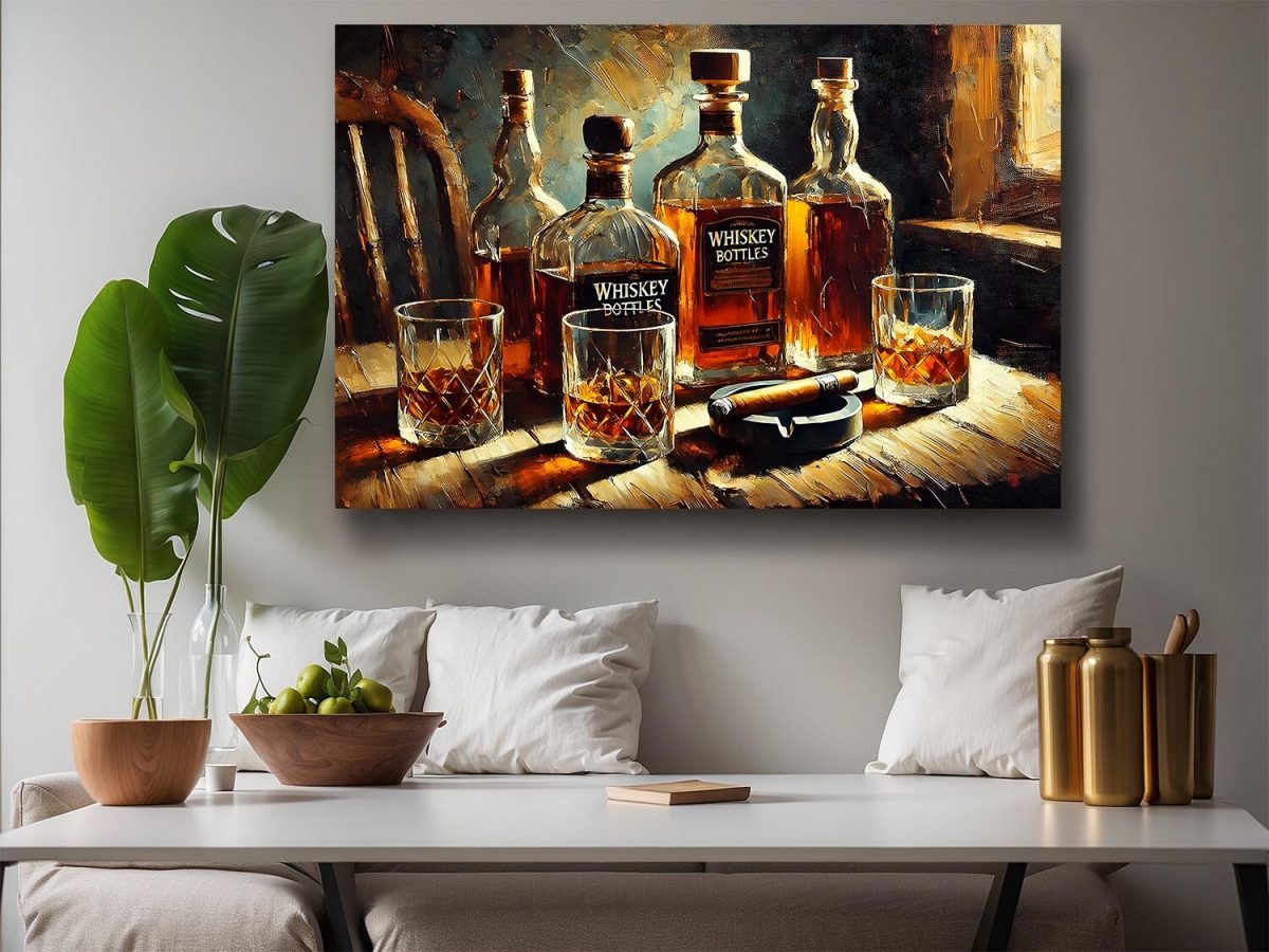 57-122.jpg Whiskyflaschen und Gläser mit Zigarrre , Digital Art, KI