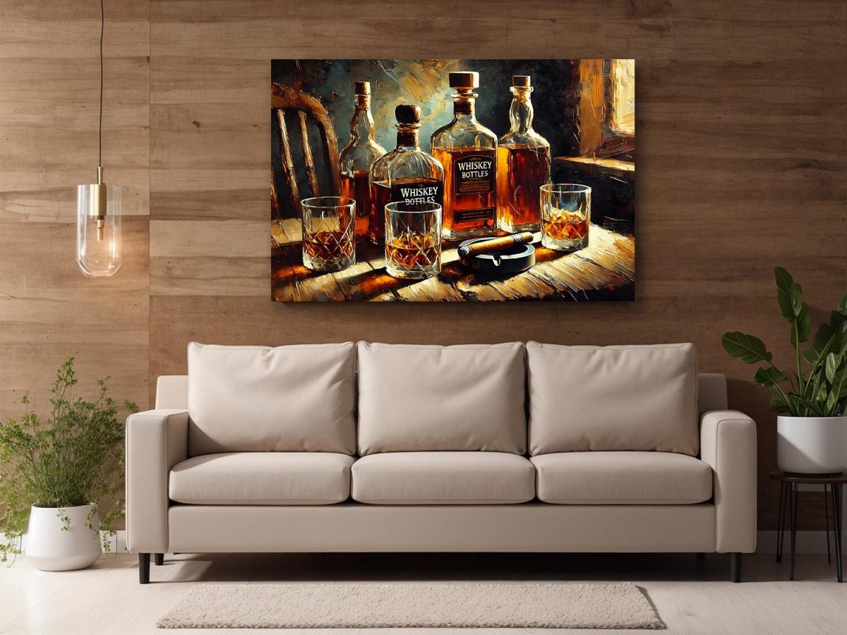 57-123.jpg Whiskyflaschen und Gläser mit Zigarrre , Digital Art, KI