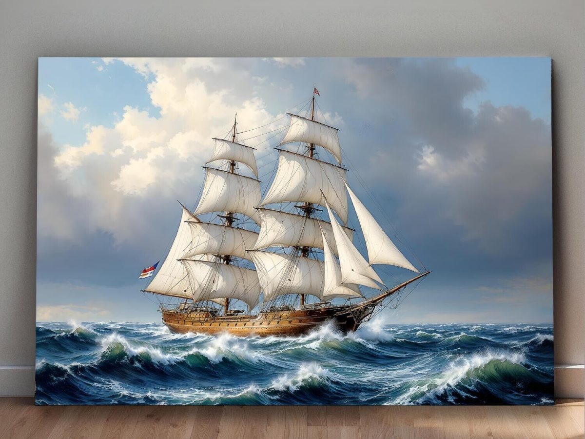 Historisches Segelschiff im Spiel von Wind und Wellen, Druck auf Leinwand