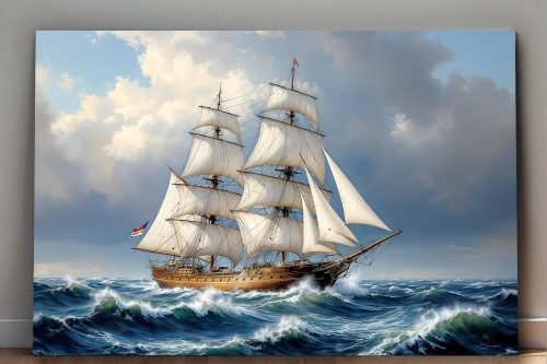 Historisches Segelschiff im Spiel von Wind und Wellen, Druck auf Leinwand