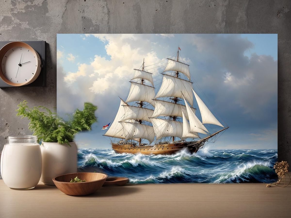 Historisches Segelschiff im Spiel von Wind und Wellen, Druck auf Leinwand