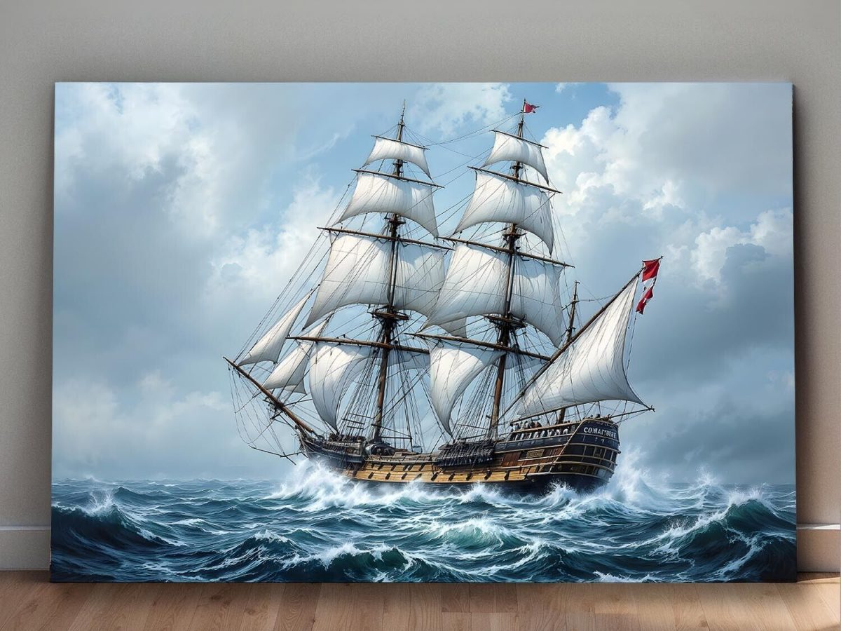 57-130.jpg Historisches Segelschiff in stürmischer See , Digital Art, Druck auf Leinwand