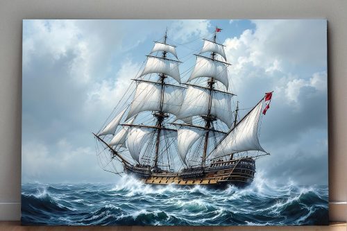 Historisches Segelschiff in stürmischer See , Digital Art, Druck auf Leinwand