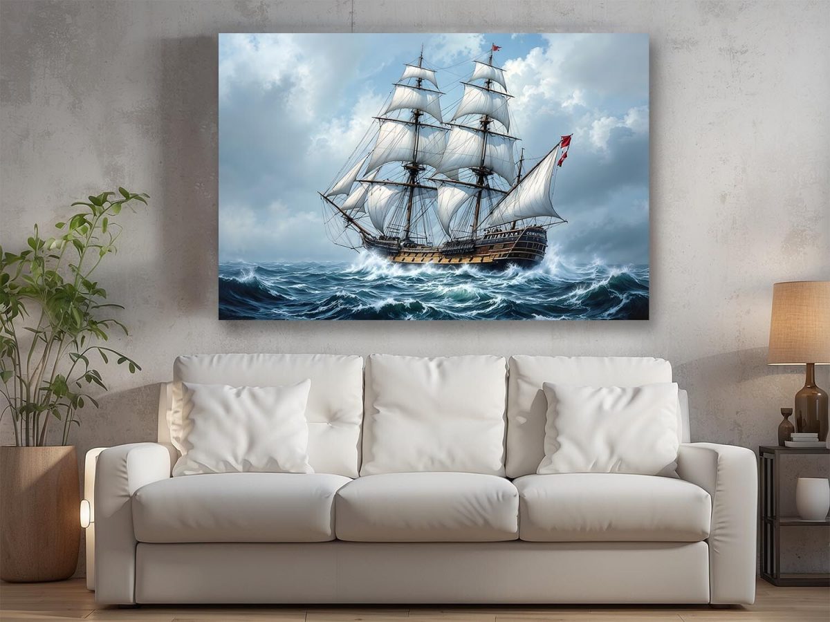 57-131.jpg Historisches Segelschiff in stürmischer See , Digital Art, Druck auf Leinwand