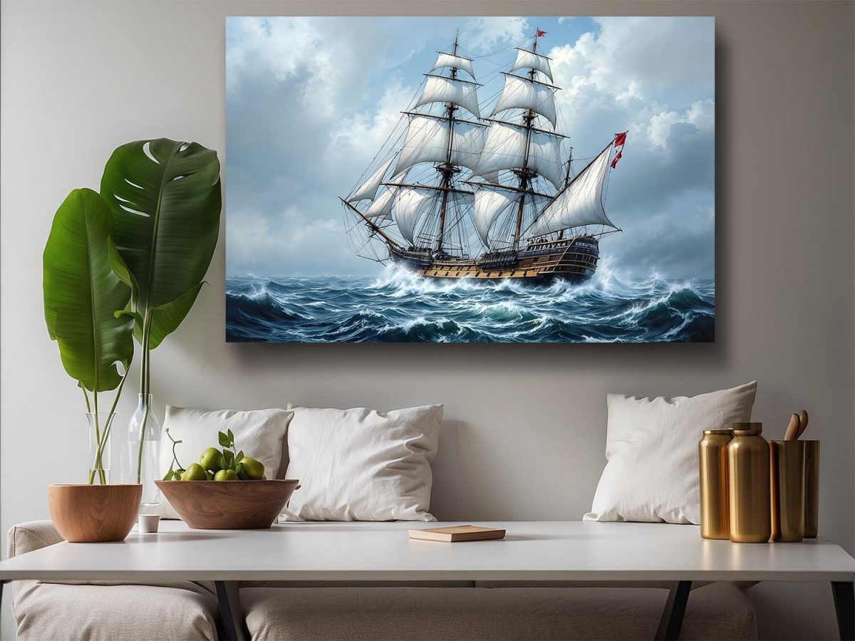 57-132.jpg Historisches Segelschiff in stürmischer See , Digital Art, Druck auf Leinwand