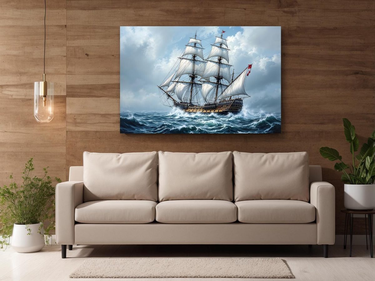 57-134.jpg Historisches Segelschiff in stürmischer See , Digital Art, Druck auf Leinwand