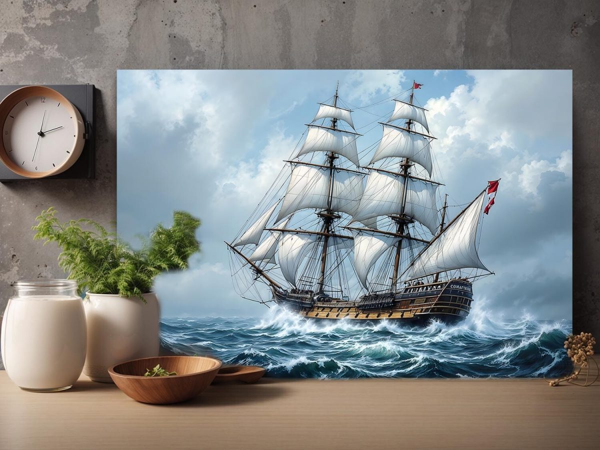 57-136.jpg Historisches Segelschiff in stürmischer See , Digital Art, Druck auf Leinwand