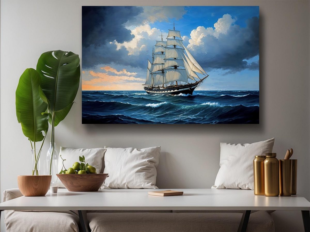 Segelschiff auf hoher See , Digital Art, Druck auf Leinwand
