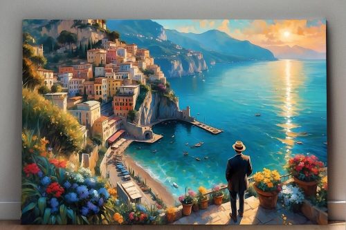 Blick auf Stadt am Mittelmeer–wie Ölgemälde, Digital Art, KI Art