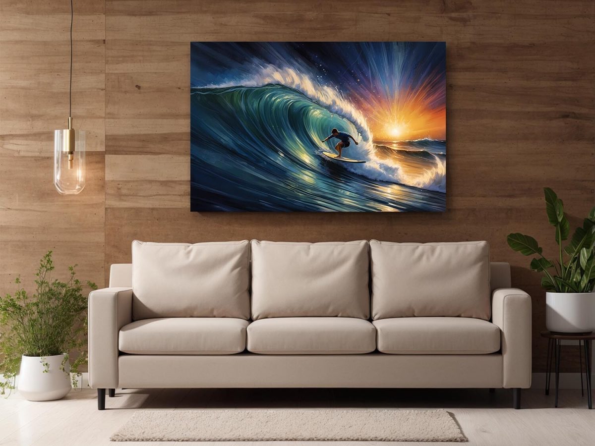 Surfer und Sonne – wie Ölgemälde, Digital Art, KI Art