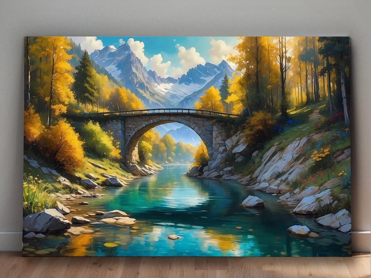 Bergblick mit Brücke, Digital Art, KI Art