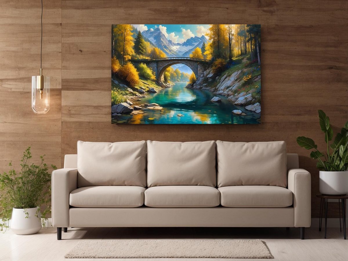 Bergblick mit Brücke, Digital Art, KI Art