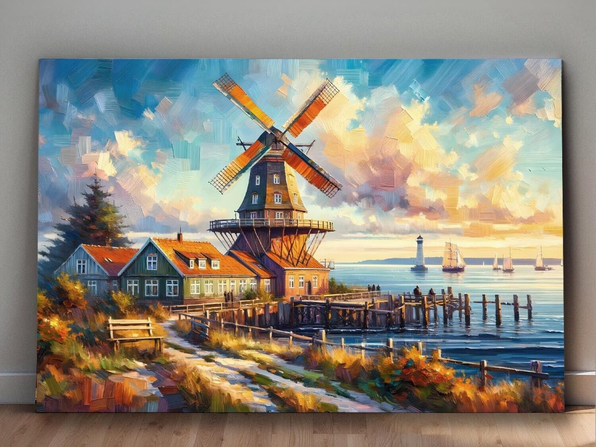 Küstenlandschaft mit Windmühle, Digital Art, KI Art