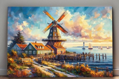 Küstenlandschaft mit Windmühle, Digital Art, KI Art