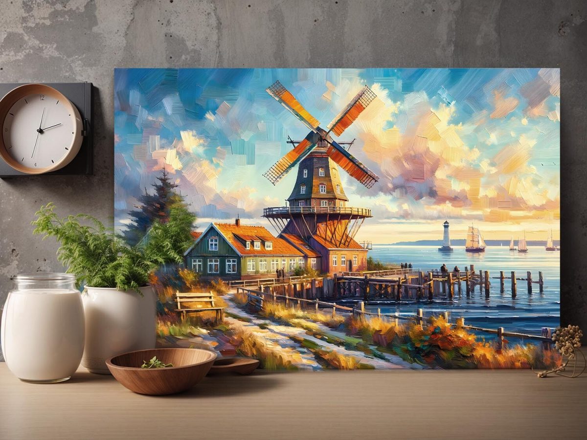 Küstenlandschaft mit Windmühle, Digital Art, KI Art