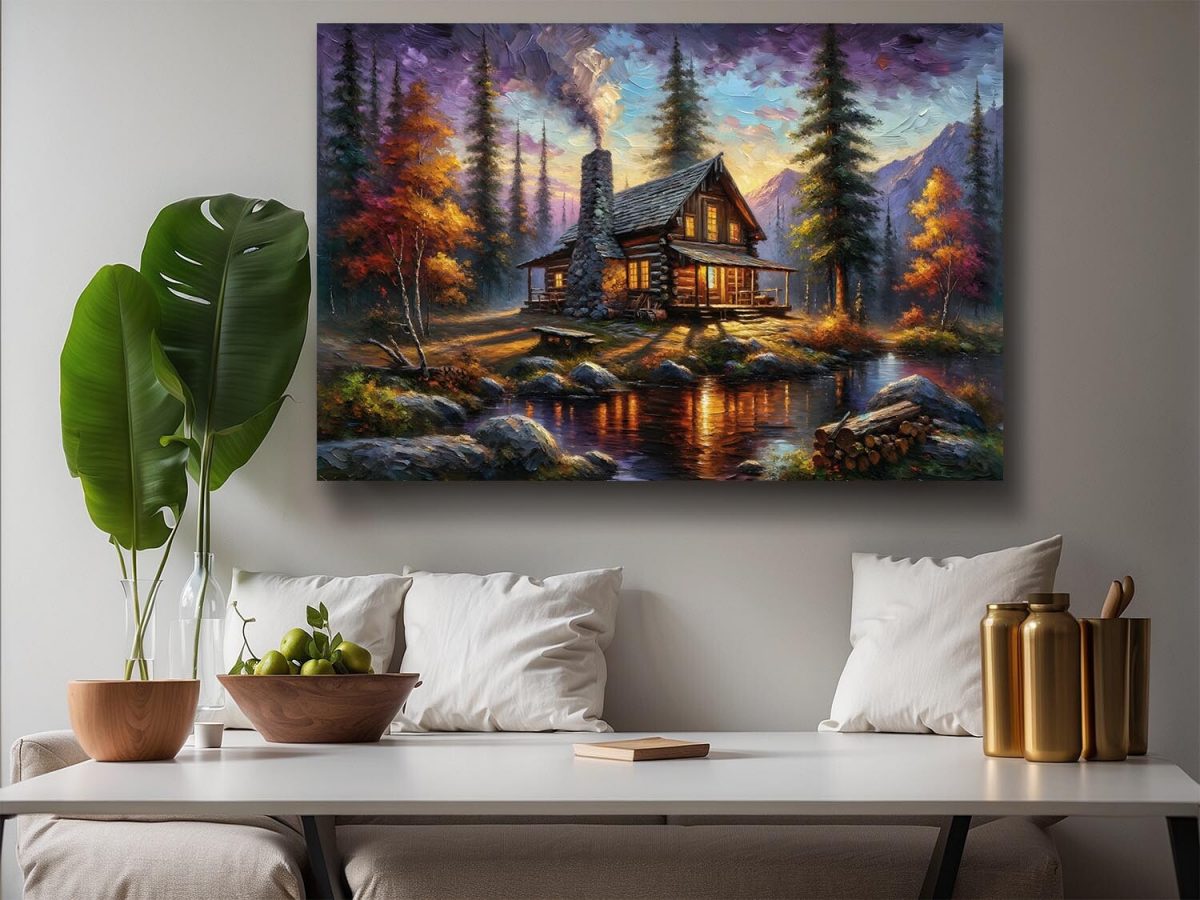 Herbstliche Holzhütte am Wasser, Digital Art, KI Art