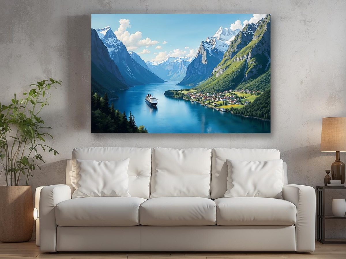 Norwegischer Fjord mit Bergen und Dorf, Digital Art, KI Art