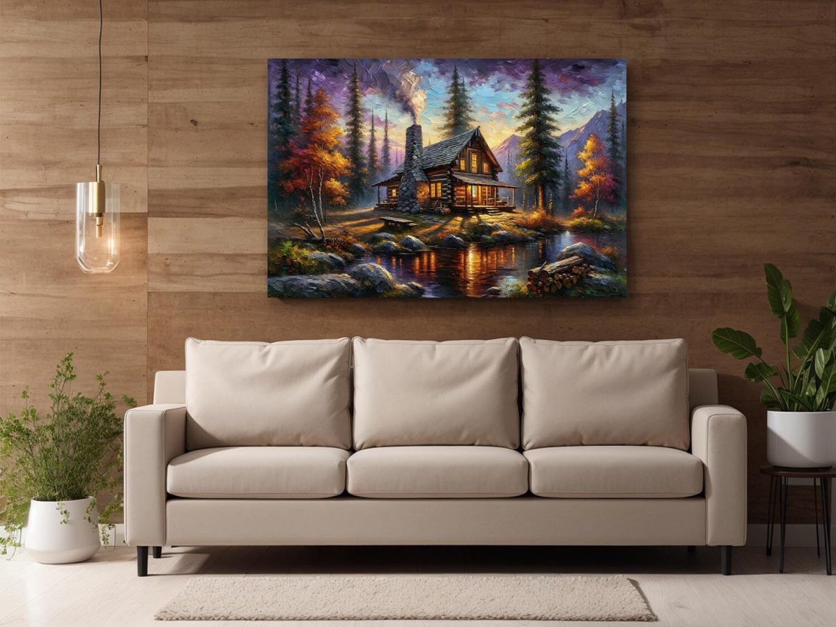 Herbstliche Holzhütte am Wasser, Digital Art, KI Art