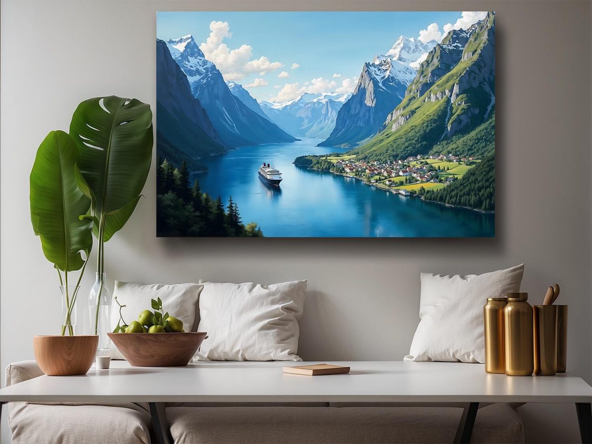 Norwegischer Fjord mit Bergen und Dorf, Digital Art, KI Art