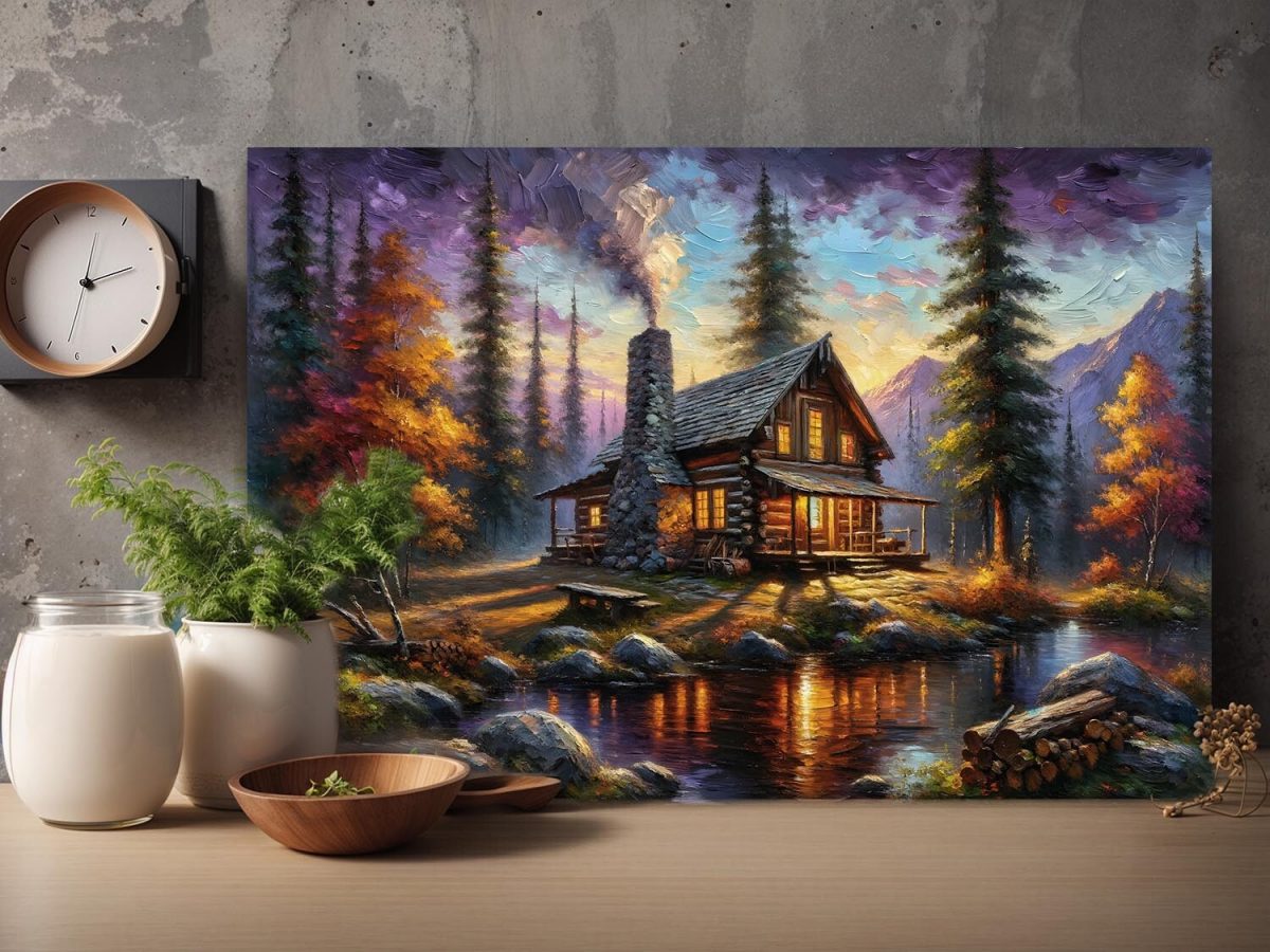 Herbstliche Holzhütte am Wasser, Digital Art, KI Art