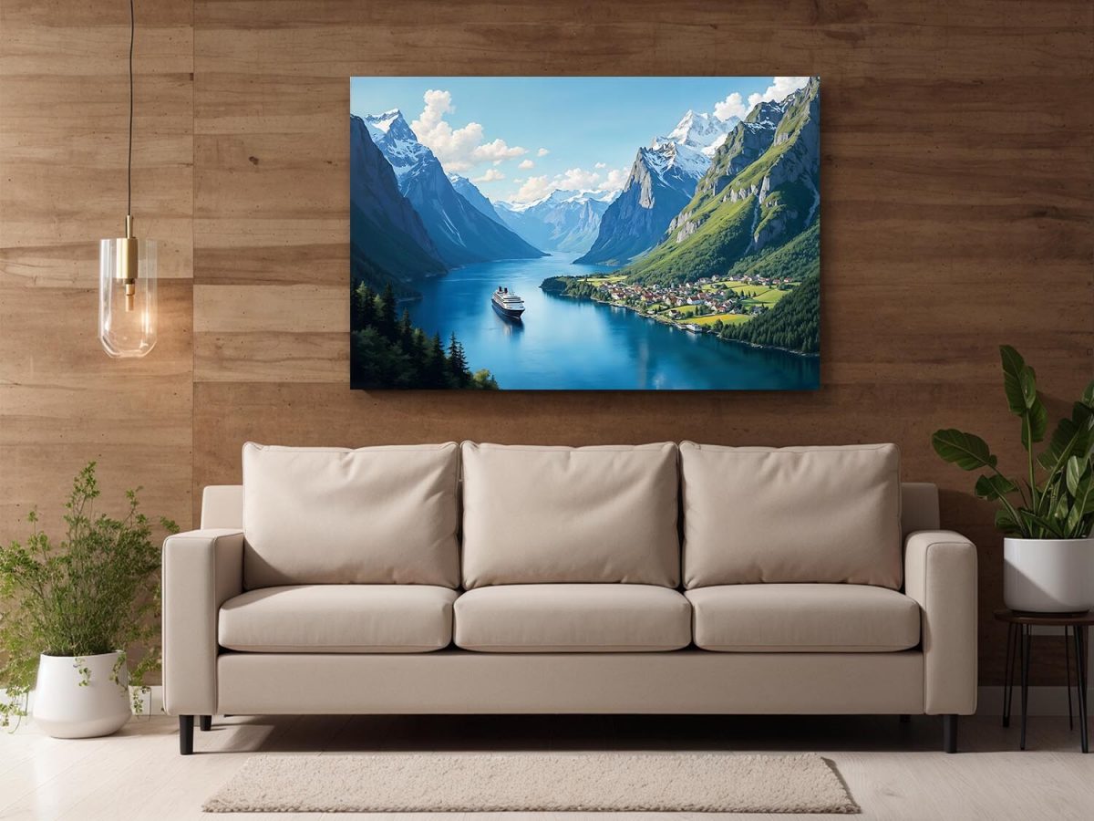 Norwegischer Fjord mit Bergen und Dorf, Digital Art, KI Art