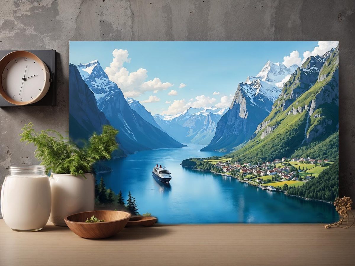 Norwegischer Fjord mit Bergen und Dorf, Digital Art, KI Art