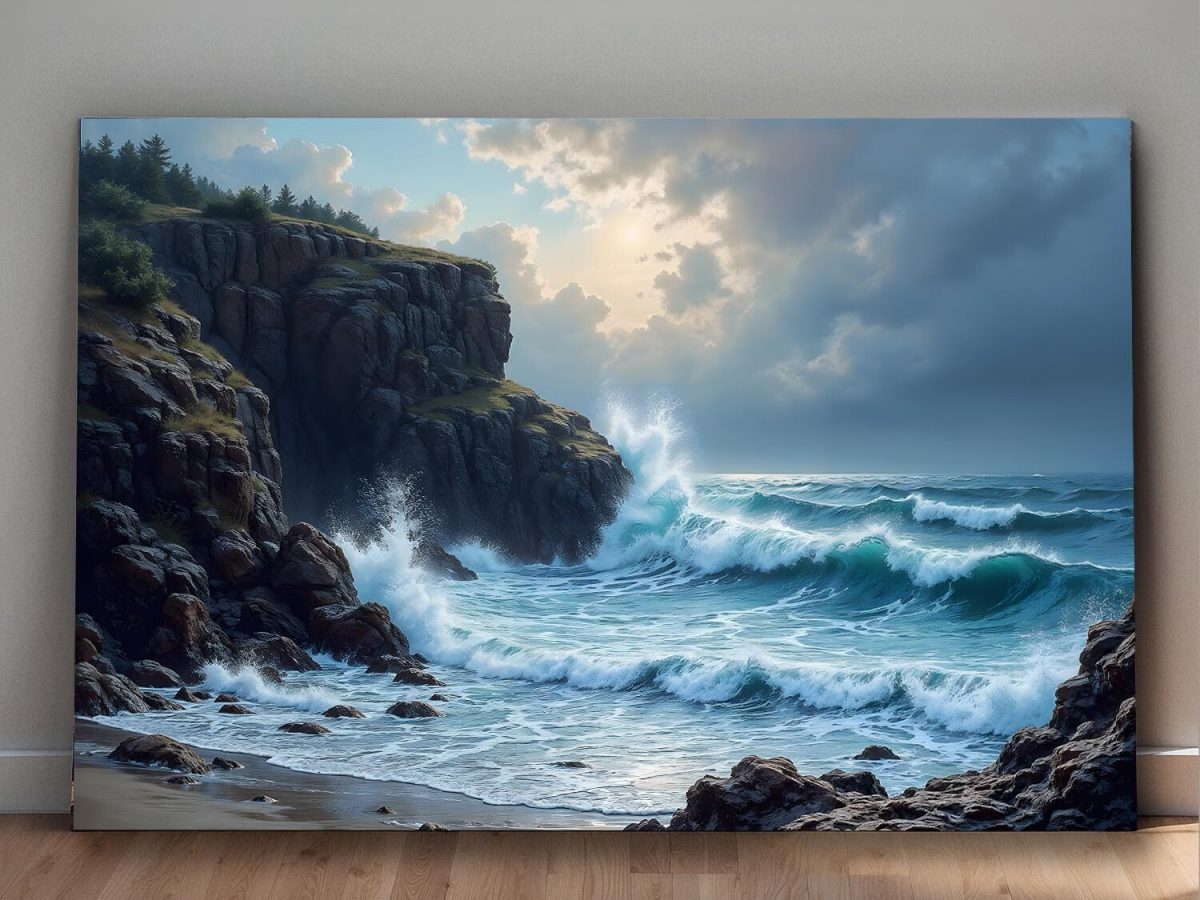 Brandung an felsiger Küste bei Sonnenuntergang, Digital Art, KI Art