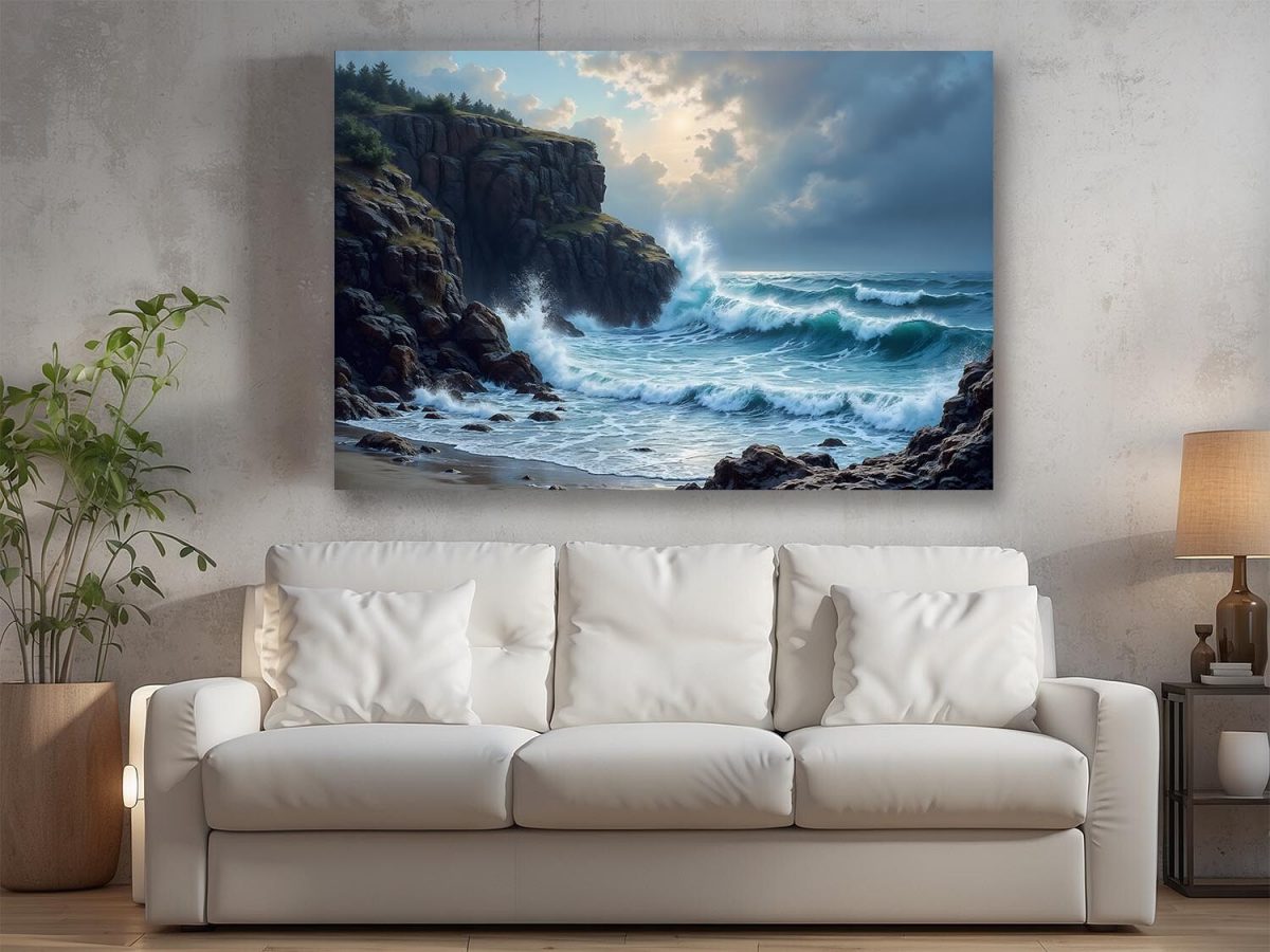 Brandung an felsiger Küste bei Sonnenuntergang, Digital Art, KI Art