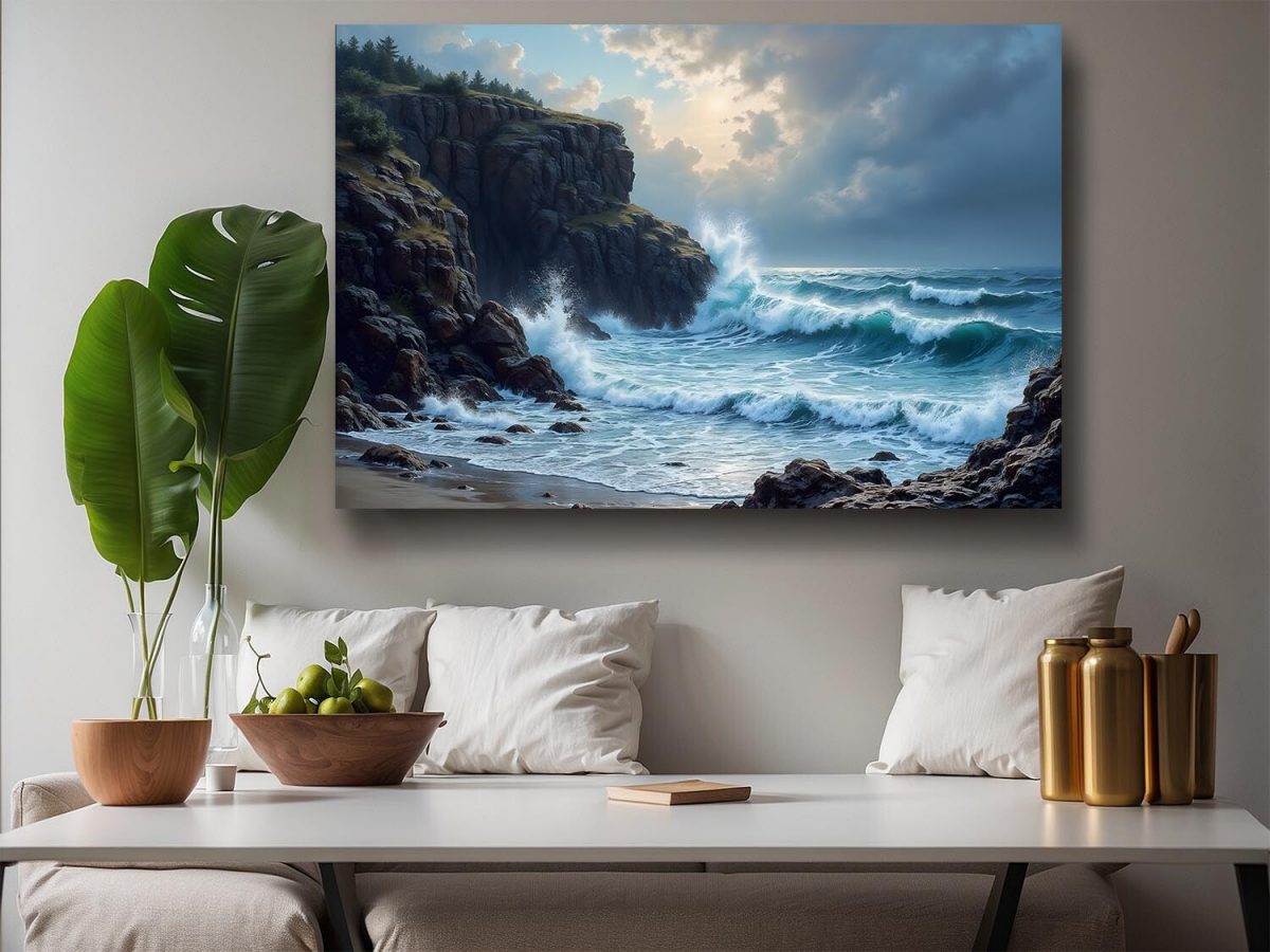 Brandung an felsiger Küste bei Sonnenuntergang, Digital Art, KI Art