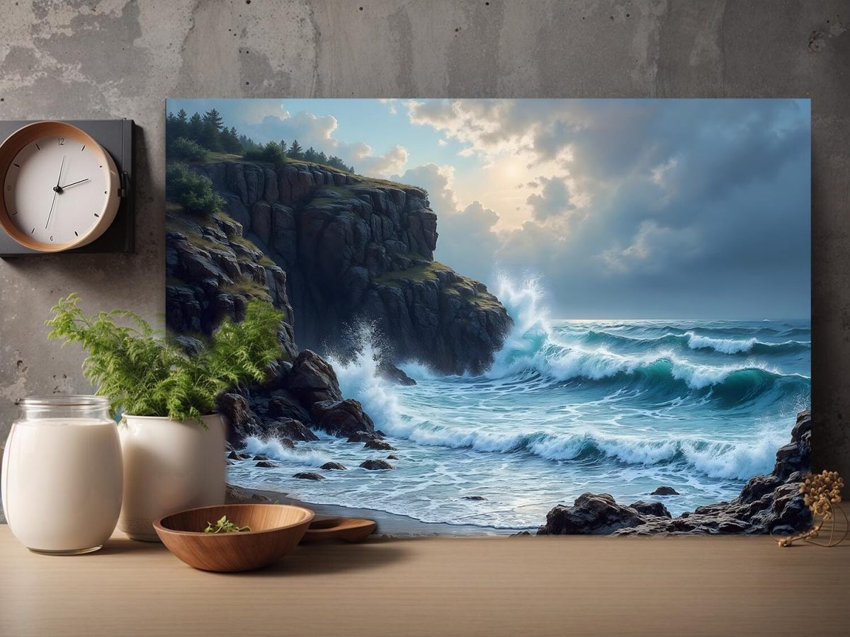 Brandung an felsiger Küste bei Sonnenuntergang, Digital Art, KI Art