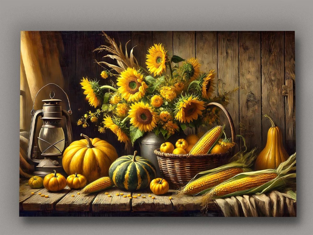 57-250.jpg Stillleben mit Sonnenblumen, Kürbissen und Maiskolben, Digital Art,