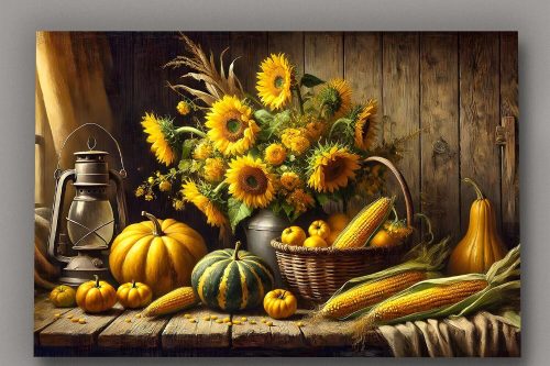 57-250.jpg Stillleben mit Sonnenblumen, Kürbissen und Maiskolben, Digital Art,