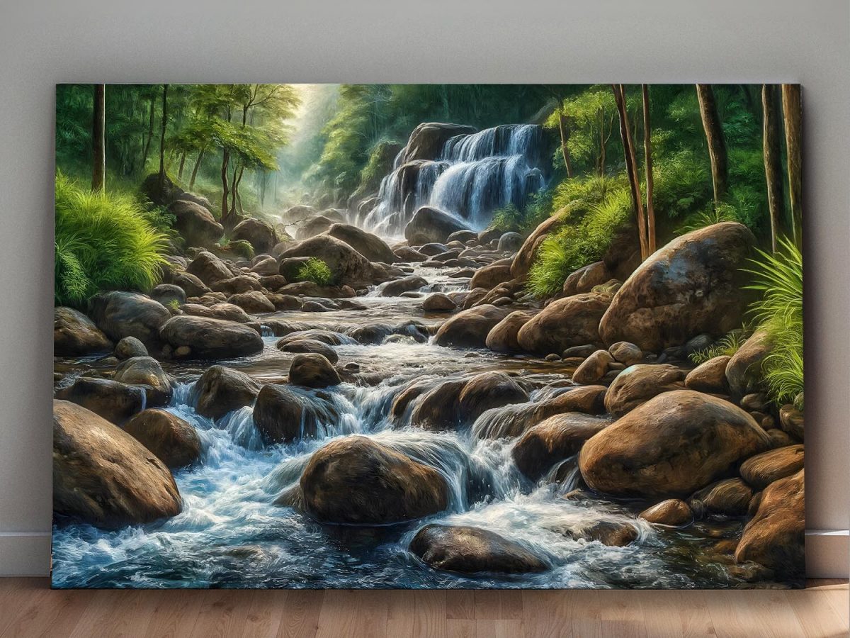 Flusslandschaft mit Wasserfall und Felsen im Wald, Digital Art, KI Art