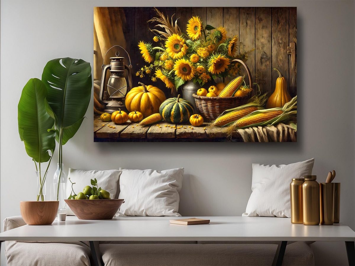 57-253.jpg Stillleben mit Sonnenblumen, Kürbissen und Maiskolben, Digital Art,