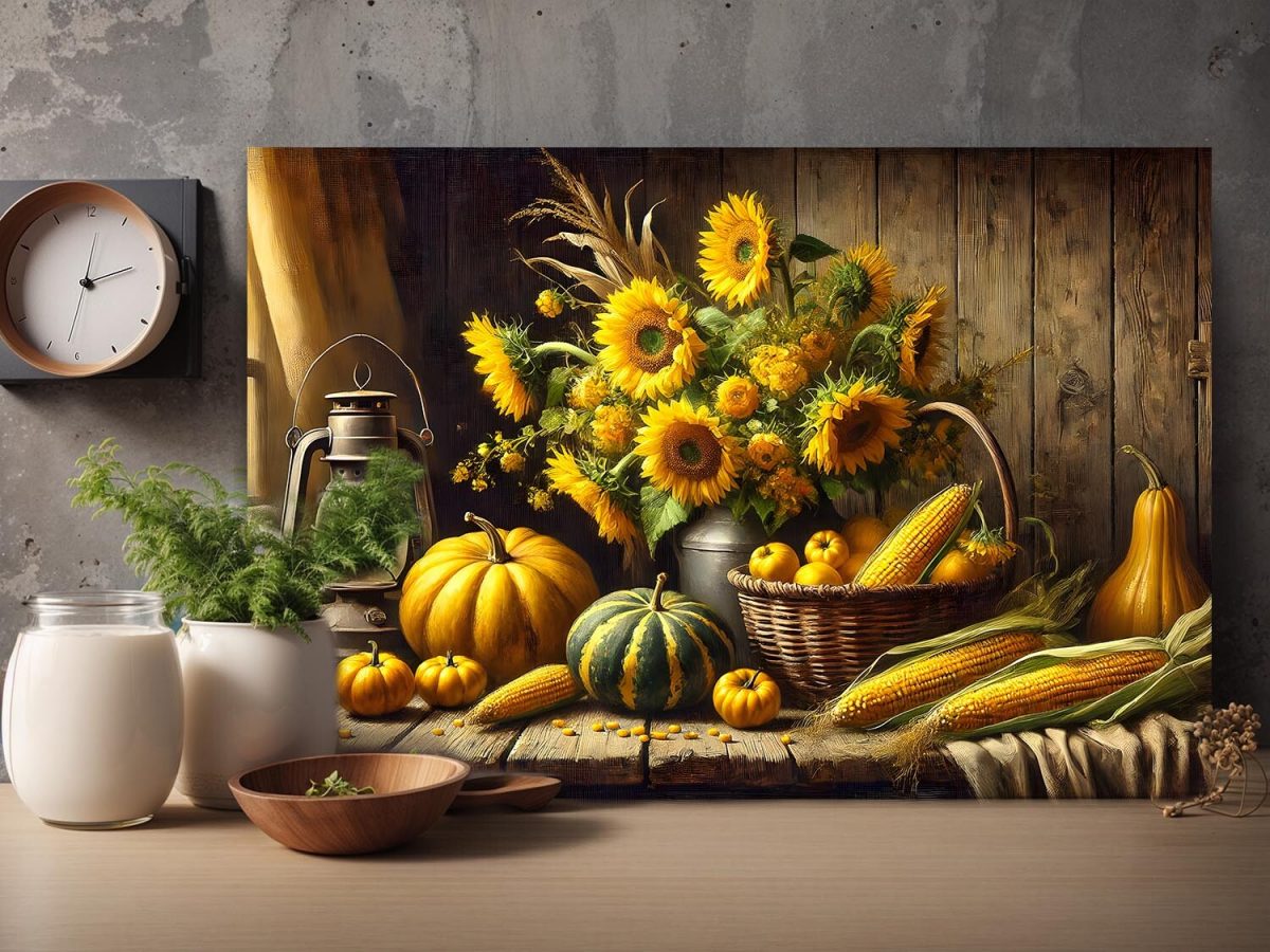 57-256.jpg Stillleben mit Sonnenblumen, Kürbissen und Maiskolben, Digital Art,