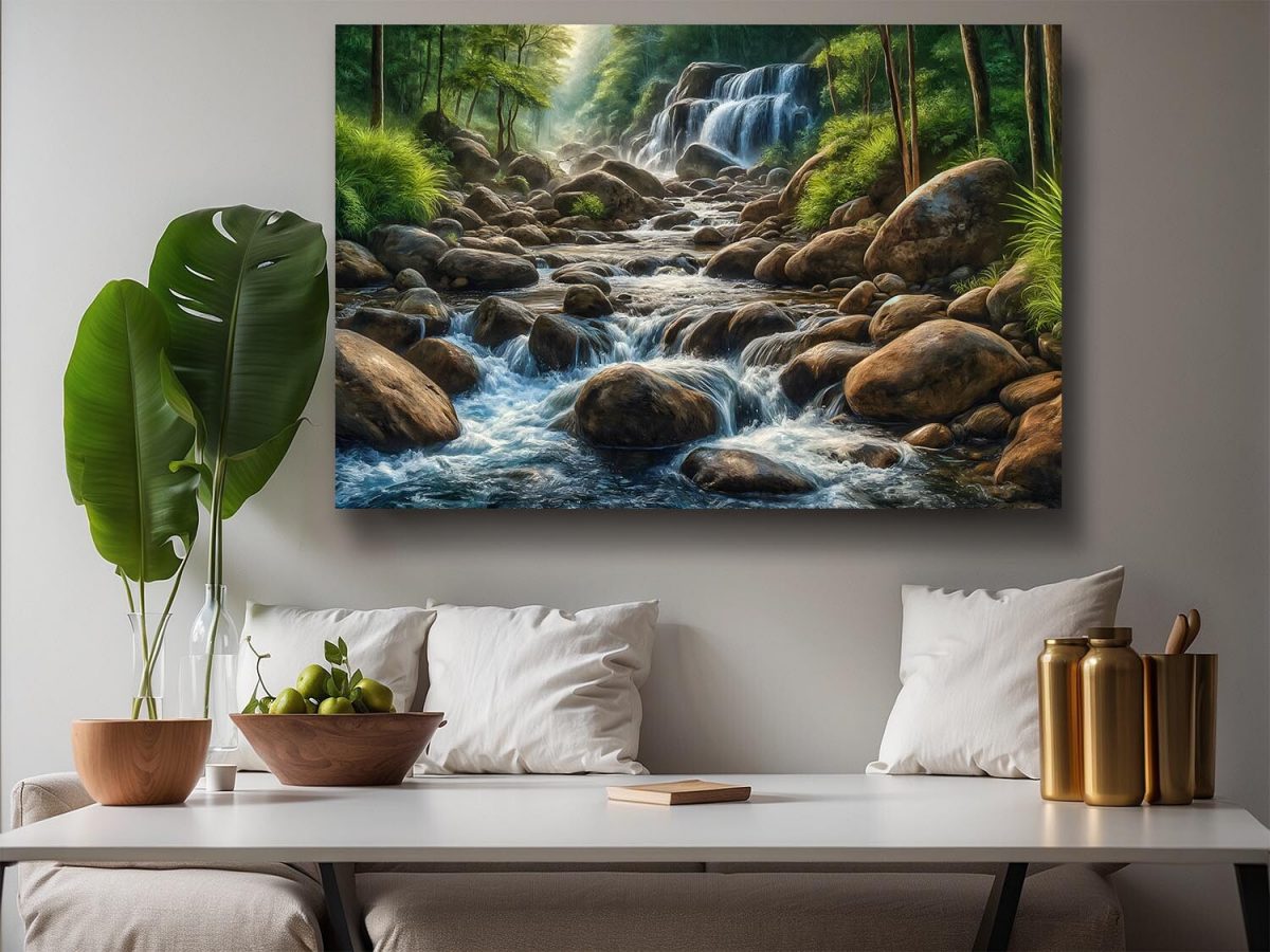 Flusslandschaft mit Wasserfall und Felsen im Wald, Digital Art, KI Art