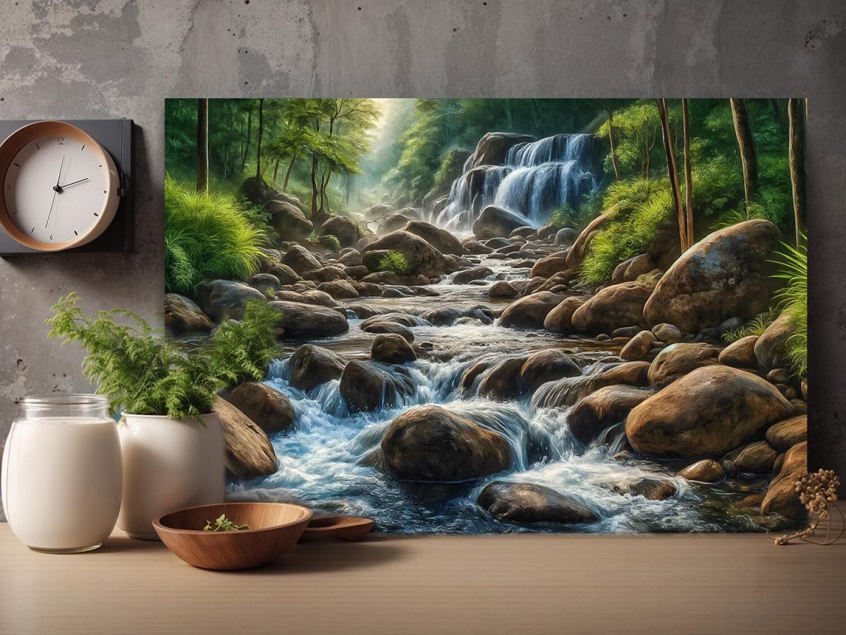 Flusslandschaft mit Wasserfall und Felsen im Wald, Digital Art, KI Art