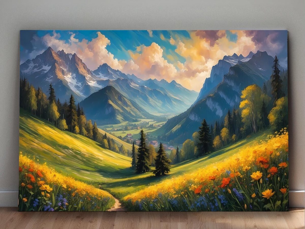 Bergblick mit Blumen – wie Ölgemälde, Digital Art, KI Art