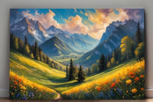 Bergblick mit Blumen – wie Ölgemälde, Digital Art, KI Art