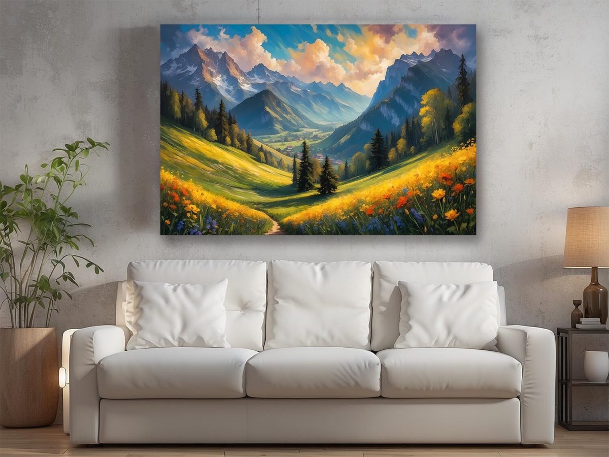 Bergblick mit Blumen – wie Ölgemälde, Digital Art, KI Art