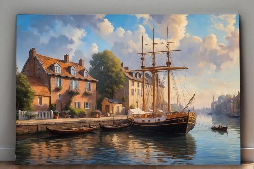 Hafen im Sonnenuntergang– wie Ölgemälde, Digital Art, KI Art