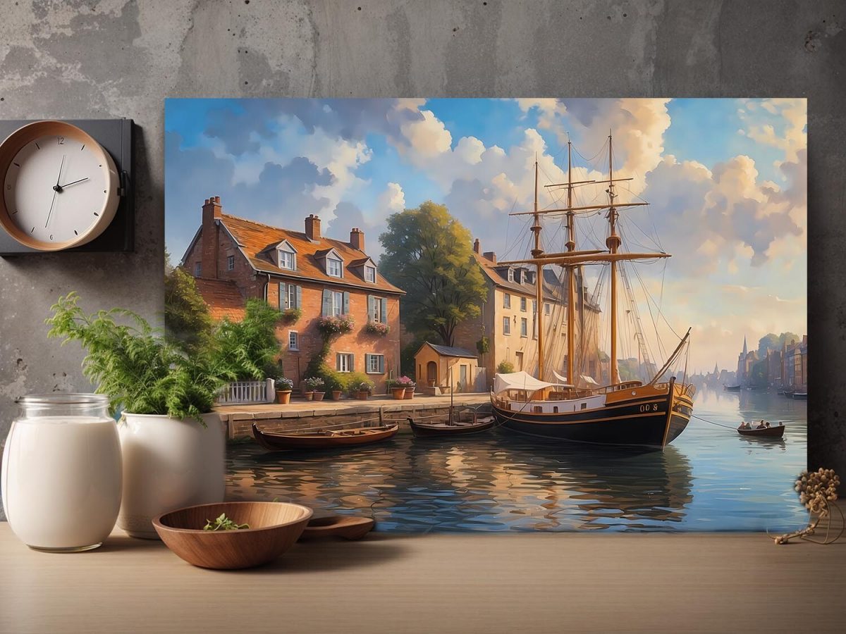 Hafen im Sonnenuntergang– wie Ölgemälde, Digital Art, KI Art