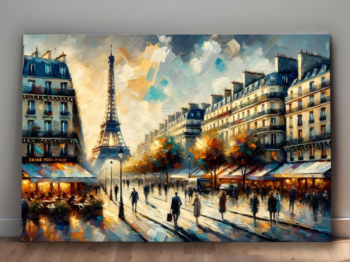 Paris mit Eiffelturm und belebter Straße bei Sonnenuntergang, Digital Art,