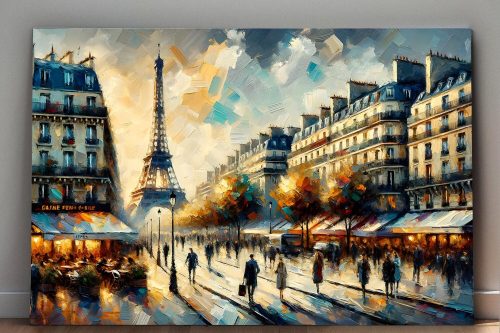 Paris mit Eiffelturm und belebter Straße bei Sonnenuntergang, Digital Art,