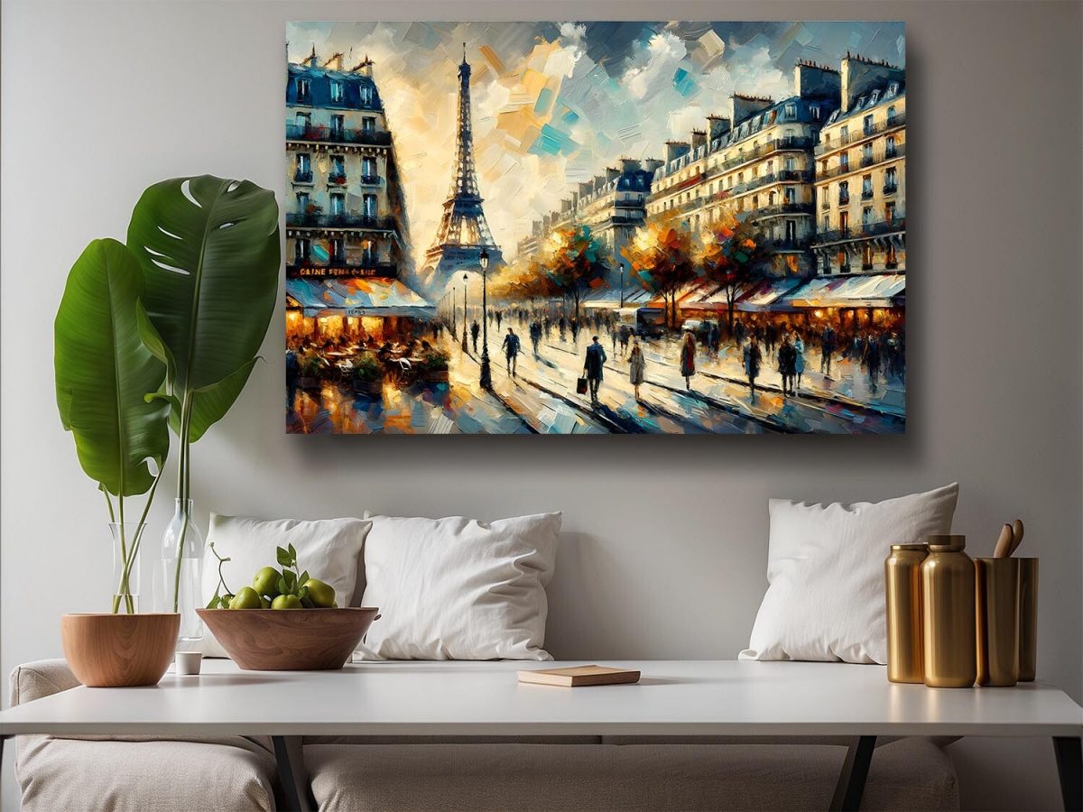 Paris mit Eiffelturm und belebter Straße bei Sonnenuntergang, Digital Art,